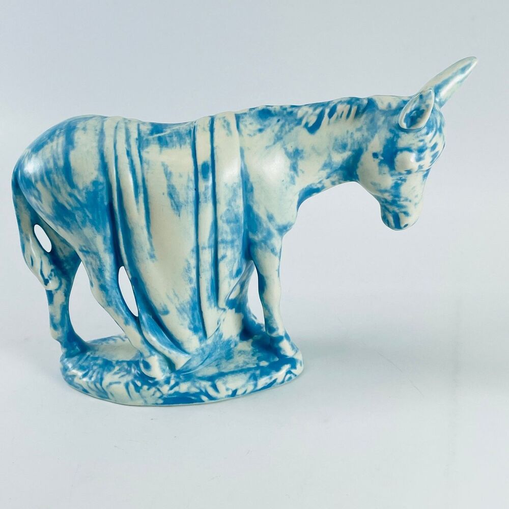 Holland Ceramic Nativity Donkey Figurine 5 Inch Blue White Vintage Creche 1970s